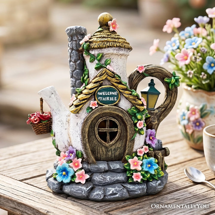 Solar Fairy Tea Pot House Garden Statue, 8" Lighted Mushroom Cottage Figurine Outdoor Decor Resin Statues OrnamentallyYou 