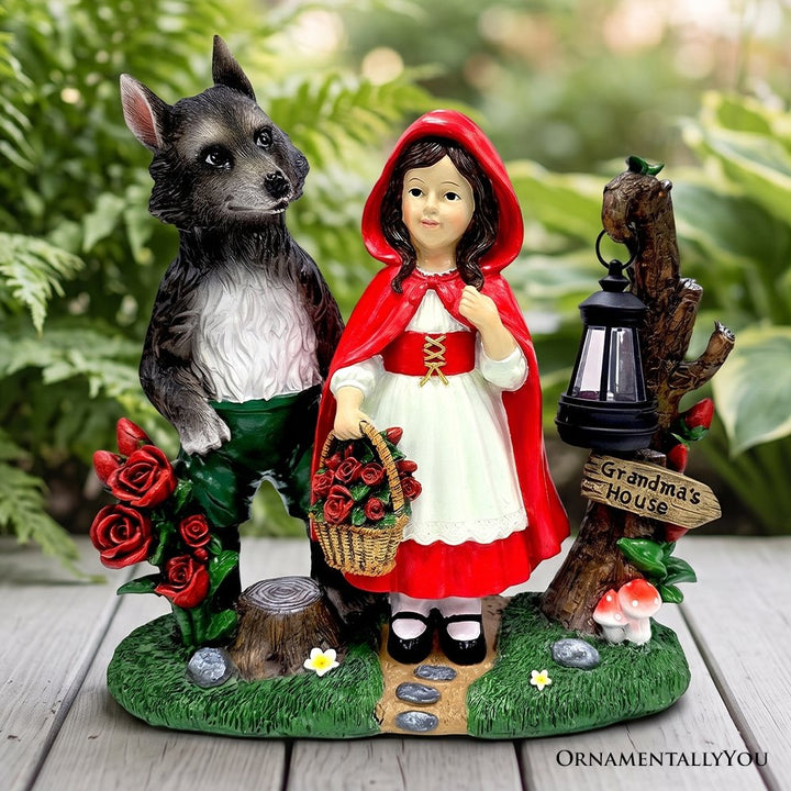Solar Powered Little Red Riding Hood Garden Statue, 12" Lighted Fairy Tale Figurine Outdoor Decor Resin Statues OrnamentallyYou 