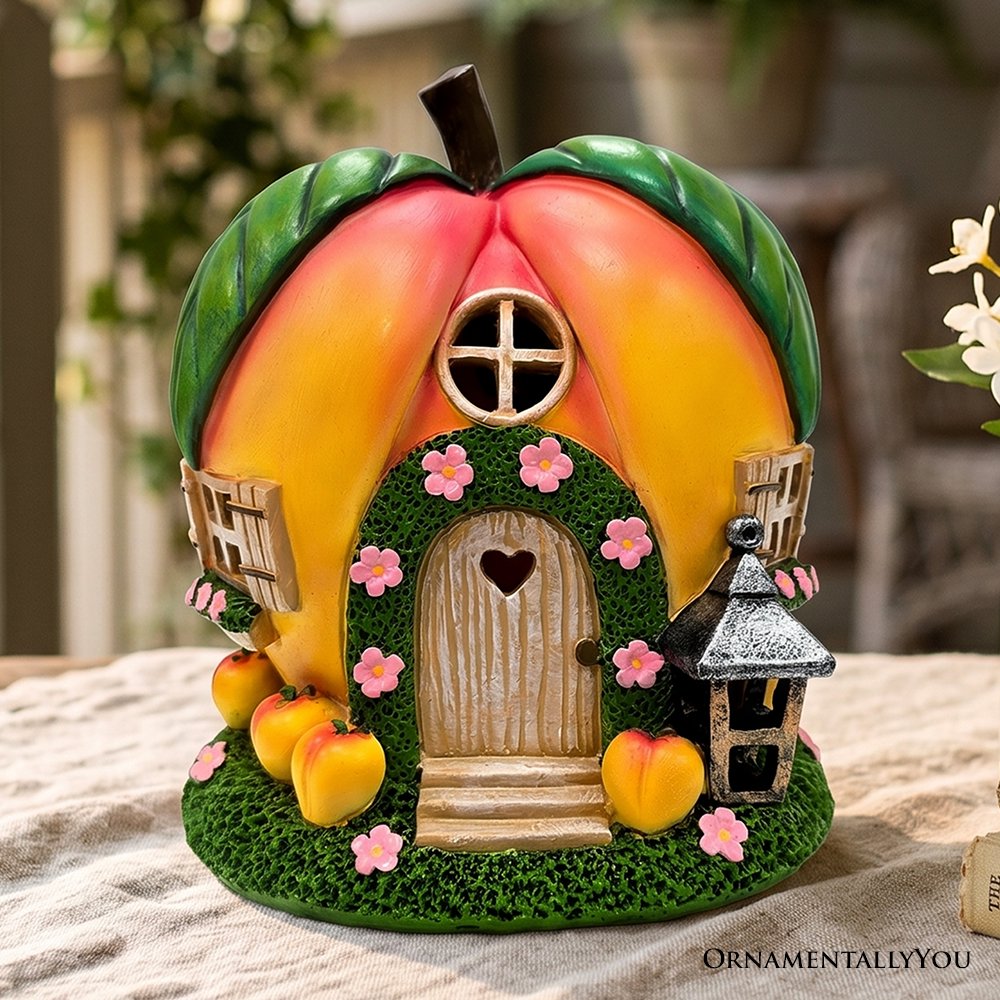 Solar Powered Peach Themed Garden Home Statue, 7" Lighted Cottage Figurine Outdoor Decor Resin Statues OrnamentallyYou 