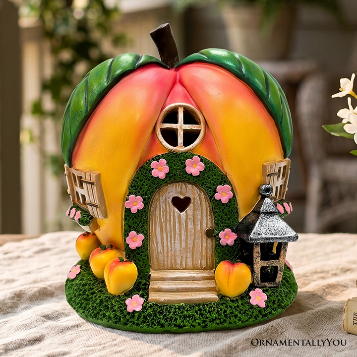 Solar Powered Peach Themed Garden Home Statue, 7" Lighted Cottage Figurine Outdoor Decor