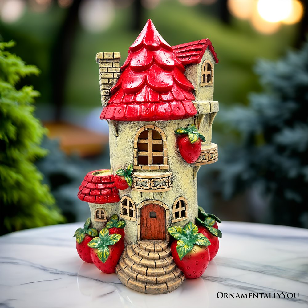 Solar Powered Strawberry Fairy Home Garden Statue, 10" Unique Spring Decoration Resin Statues OrnamentallyYou 