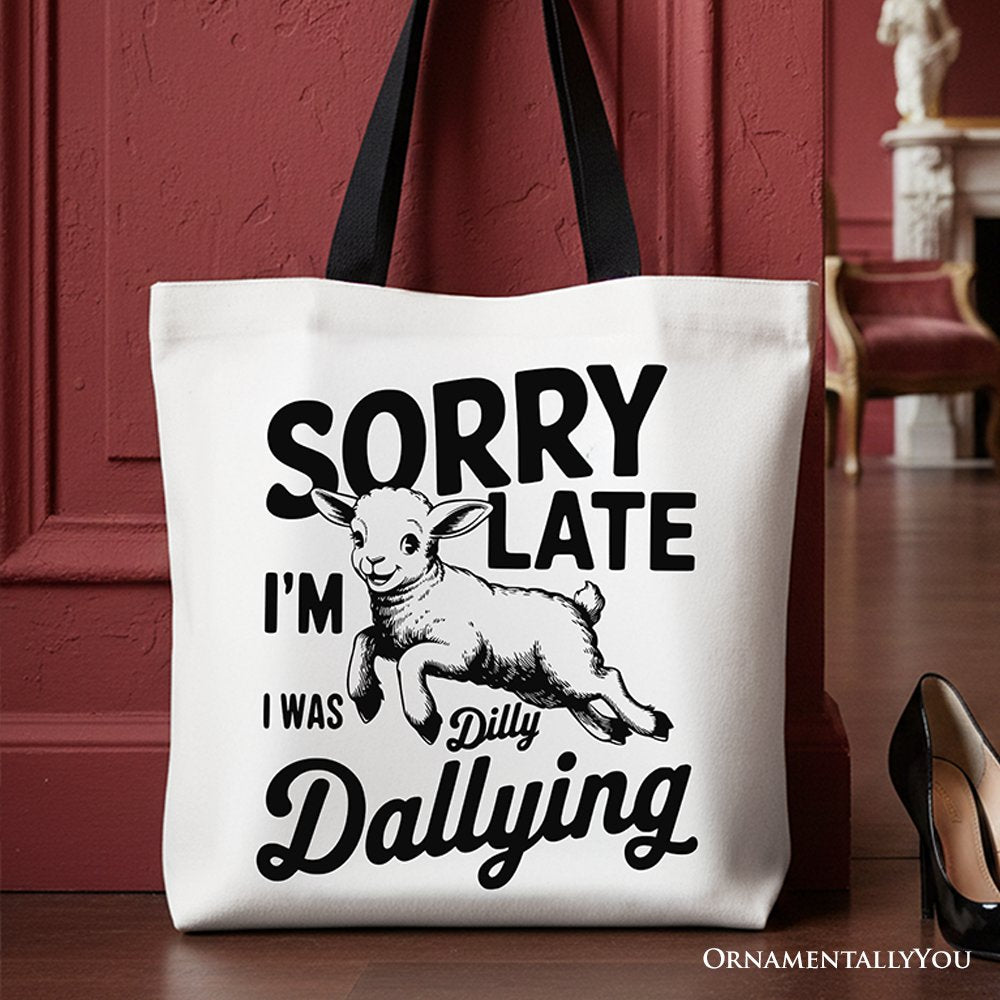 Sorry I'm Late Funny Lamb Tote Bag, Retro Dilly Dallying Gift Shopper for Quirky Women Tote Bag OrnamentallyYou Black Handle 