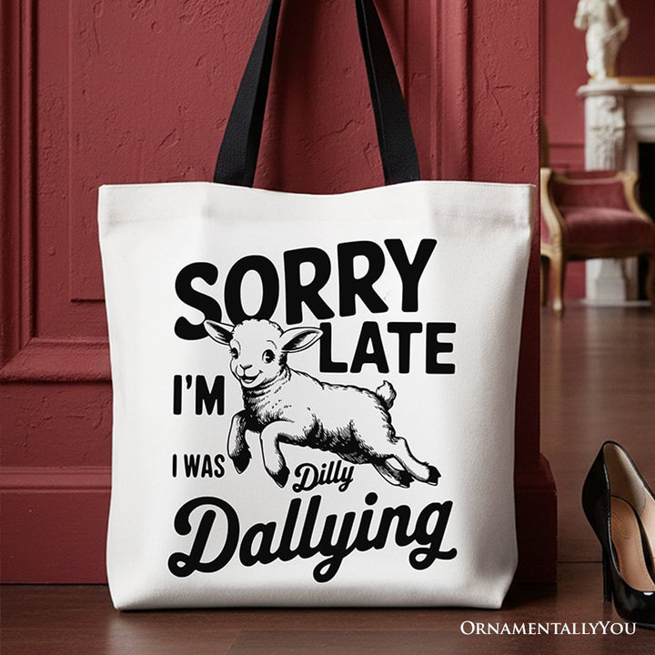 Sorry I'm Late Funny Lamb Tote Bag, Retro Dilly Dallying Gift Shopper for Quirky Women Tote Bag OrnamentallyYou Black Handle 