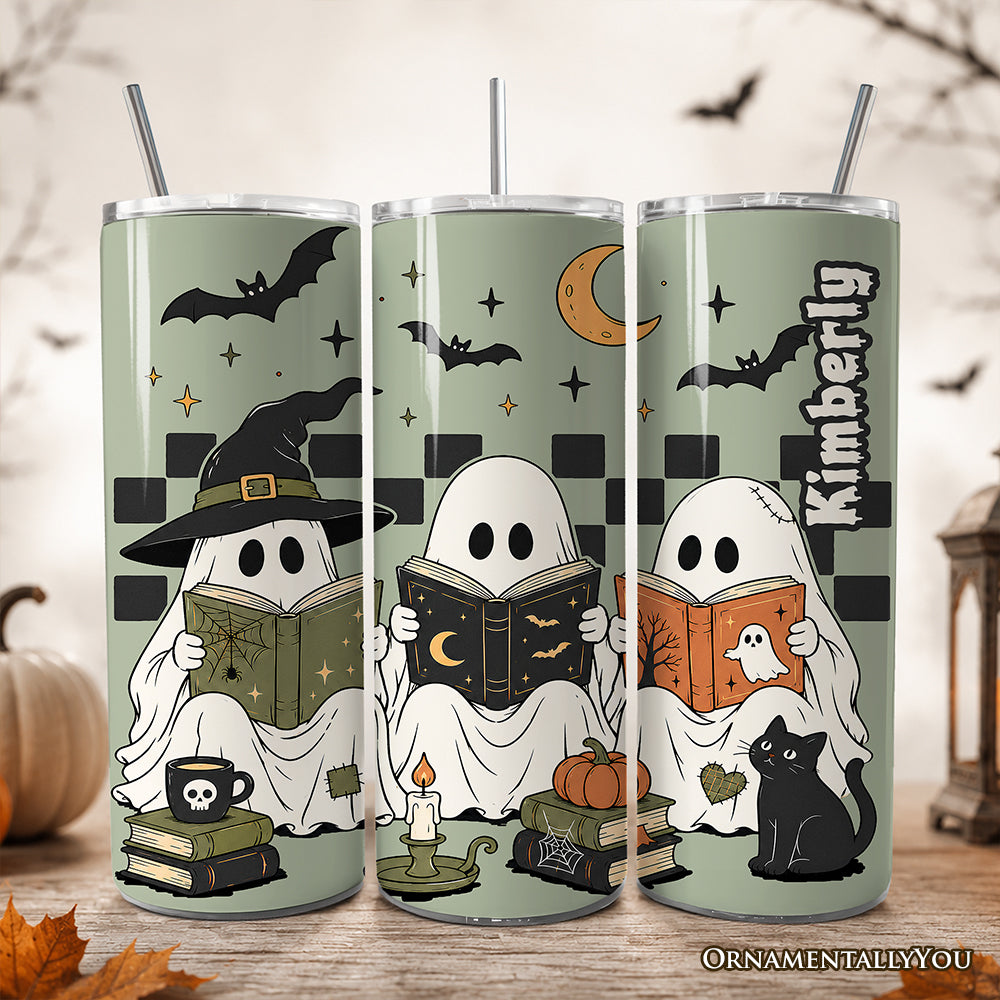 Spooky Ghosts Reading Books 20oz Personalized Tumbler With Lid and Stainless Steel Straw, Bookworm Halloween Gift Cup