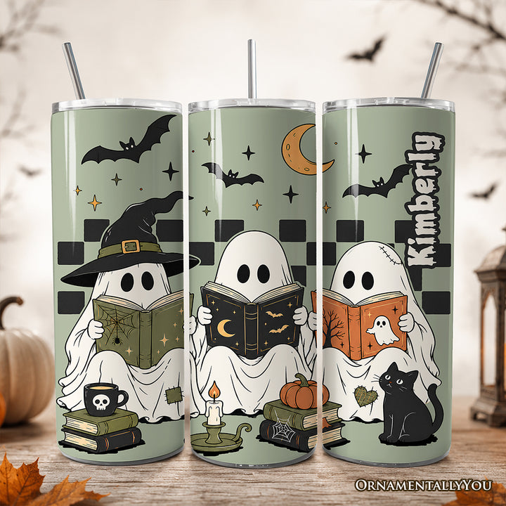 Spooky Ghosts Reading Books 20oz Personalized Tumbler With Lid and Stainless Steel Straw, Bookworm Halloween Gift Cup