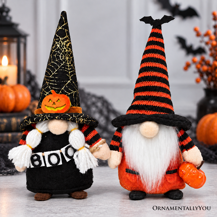 Spooky Pumpkin Plush Gnome Set of 2, Trick or Treat Halloween 10" Tabletop Decor