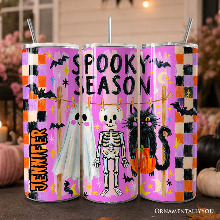 Spooky Season Ghost Skeleton Cat 20oz Personalized Tumbler With Lid and Stainless Steel Straw, Colorful Stripe Halloween Costume Gift Cup