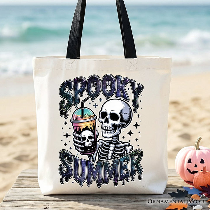 Spooky Summer Skeleton Tote Bag, Snarky Halloween Gift Shopper for Coffee and Horror Fanatics Tote Bag OrnamentallyYou Black Handle 