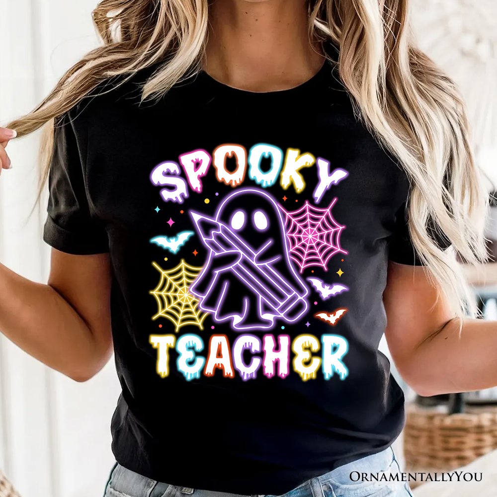 Spooky Teacher Neon Ghost T-Shirt, Retro Halloween Tee for Educators T-Shirts OrnamentallyYou 