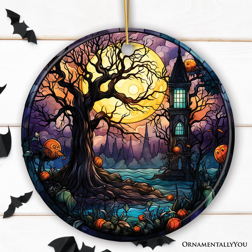 Spooky Tree & Haunted House Stained Glass Style Ceramic Ornament, Halloween Themed Christmas Gift and Decor Ceramic Ornament OrnamentallyYou Circle 