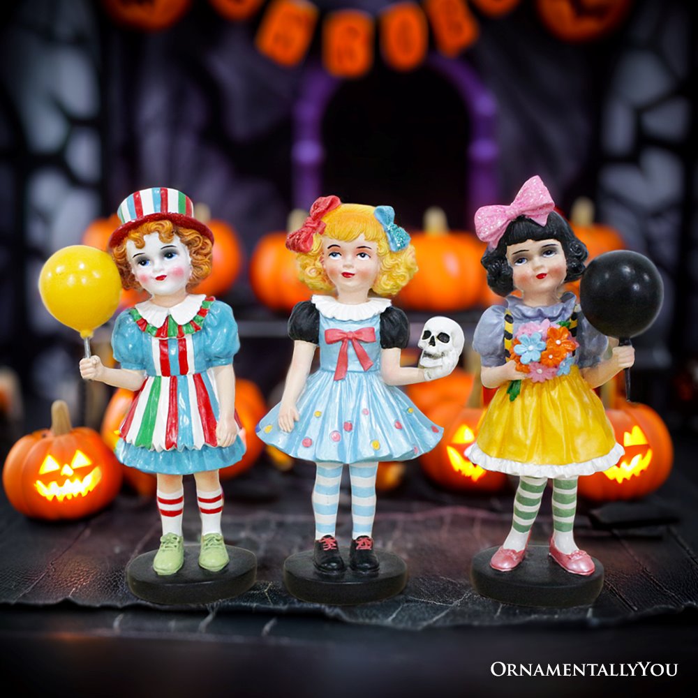 Spooky Victorian Masquerade Girl Trio, 6" Trick or Treat Clown Figurines and Hauntingly Elegant Halloween Decor Resin Statues OrnamentallyYou 