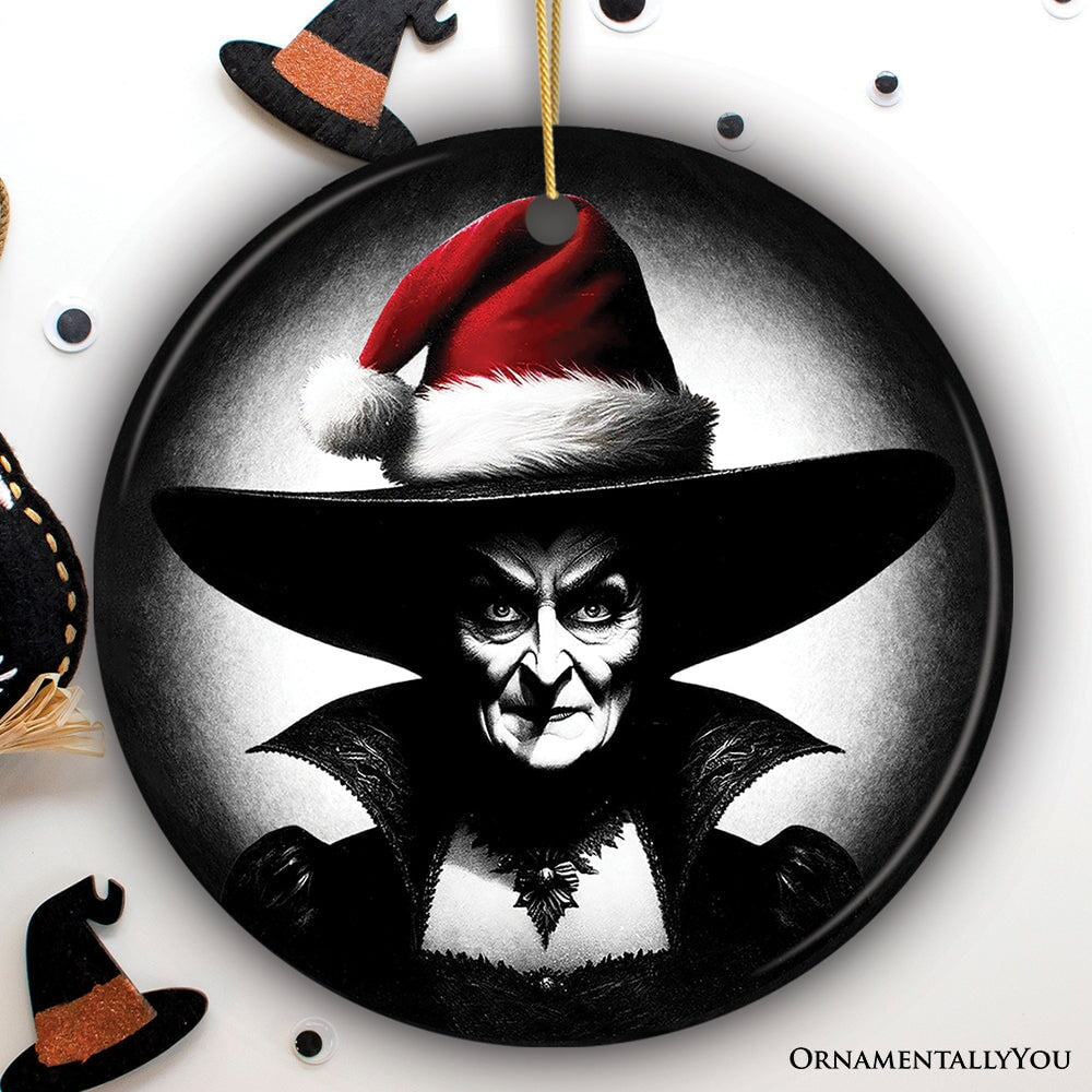 Spooky Witch with Santa Hat Ceramic Ornament, Halloween Themed Christmas Gift and Decor Ceramic Ornament OrnamentallyYou Circle 