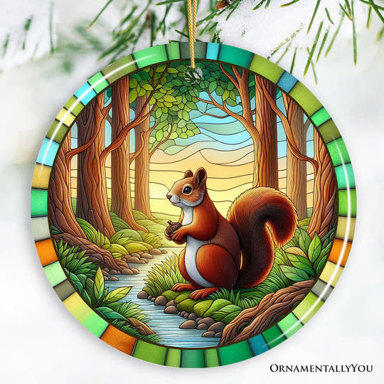 Squirrel in the Forest Stained Glass Style Ceramic Ornament, Wildlife Animals Christmas Gift and Decor Ceramic Ornament OrnamentallyYou Circle 
