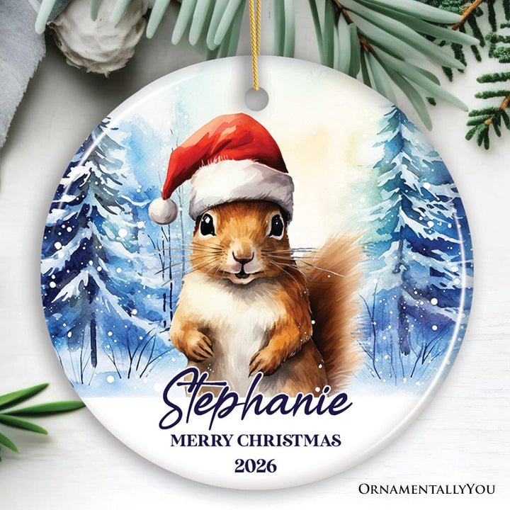 Squirrel with Santa Hat Personalized Ornament, Winter Forest Christmas Gift With Custom Name and Date Ceramic Ornament OrnamentallyYou Circle 