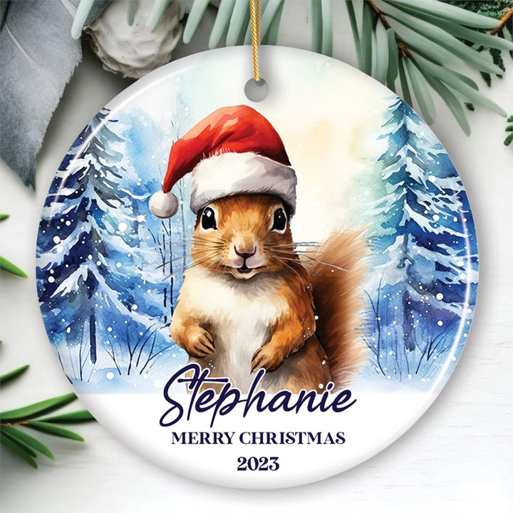 Squirrel with Santa Hat Personalized Ornament, Winter Forest Christmas Gift With Custom Name and Date Ceramic Ornament OrnamentallyYou Circle 