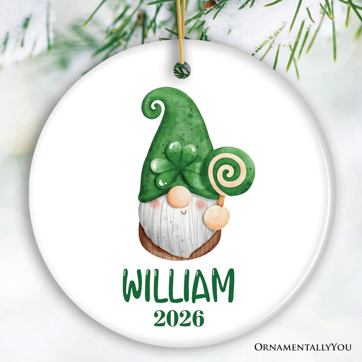 St Patrick’s Day Custom Gnome Tree Ornament, Name for St Pattys Ceramic Ornament OrnamentallyYou Circle 