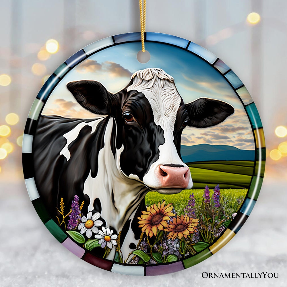 Stained Glass Bucolic Farm Cow Scene in the Pasture Ornament Ceramic Ornament OrnamentallyYou 