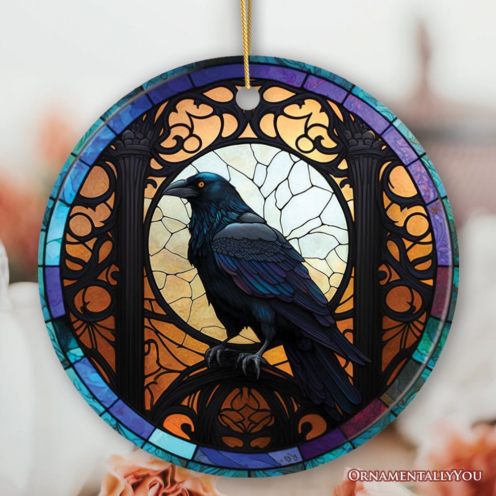 Stained Glass Creepy Dark Raven Ornament, Horror and Elegance Ceramic Ornament OrnamentallyYou Circle 