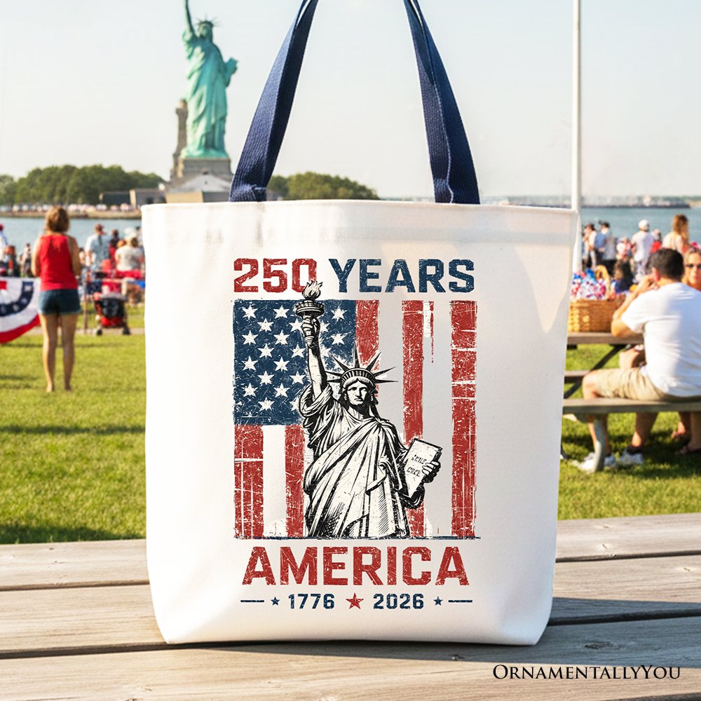 Statue of Liberty America Flag 250 Years Tote Bag, 4th of July USA Patriotic 1776–2026 Gift Shopper Tote Bag OrnamentallyYou Navy Handle 