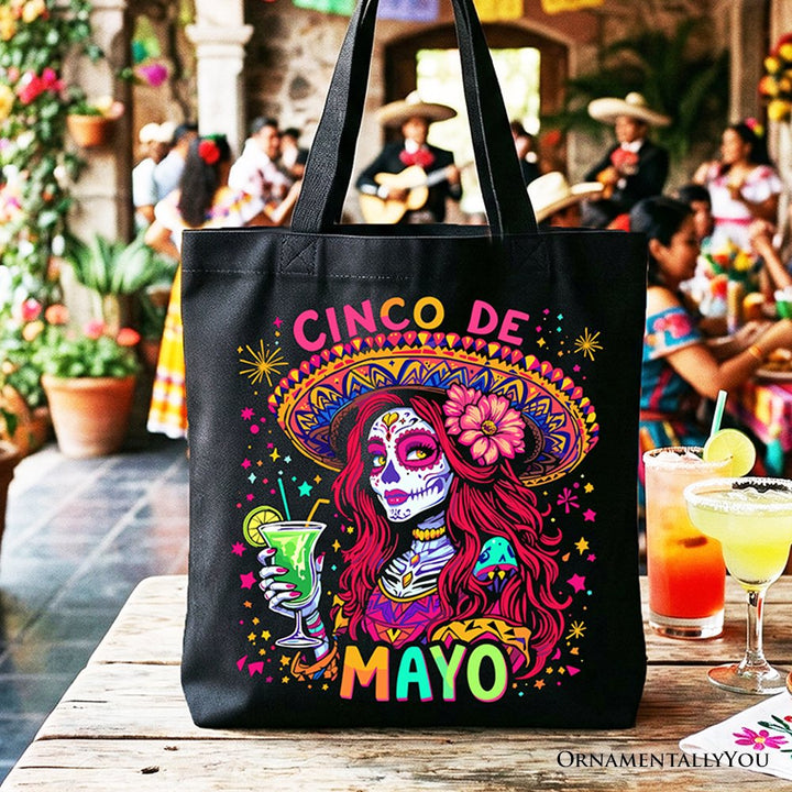 Sugar Skull Girl Cinco De Mayo Tote Bag, Mexican Margarita Sombrero Gift Shopper Tote Bag OrnamentallyYou Black 