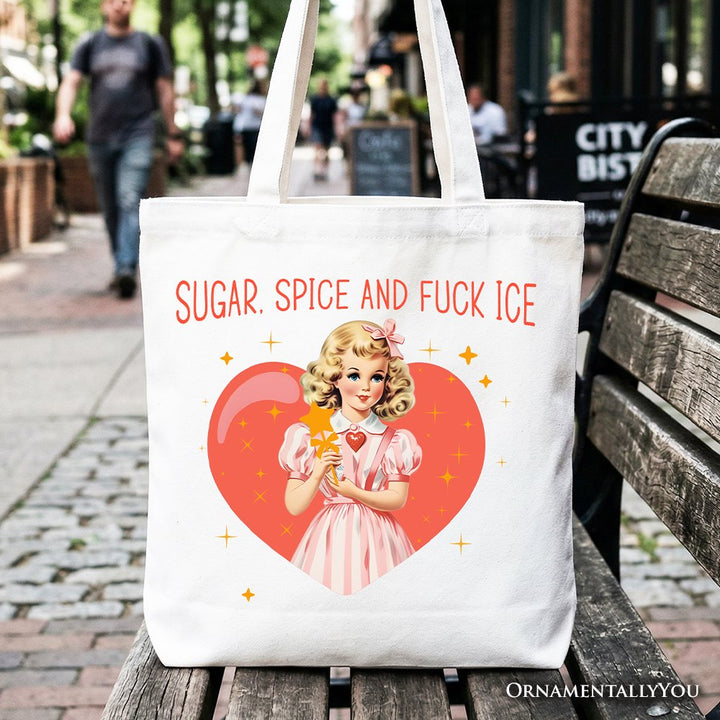 Sugar Spice and Fuck Ice Retro Protest Tote Bag, Vintage Social Justice Gift Shopper Tote Bag OrnamentallyYou White 