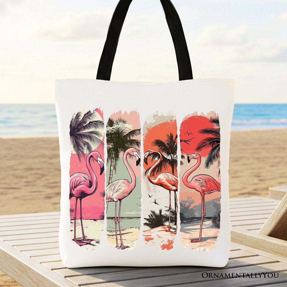 Summer Flamingo Beach Canvas Tote Bag, Retro Vacation Tropical Sunset Gift Shopper Tote Bag OrnamentallyYou Black Handle 