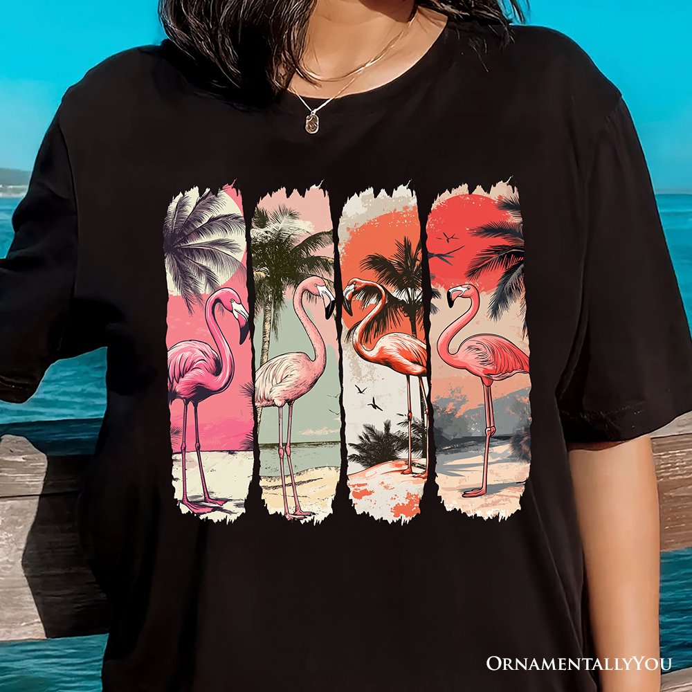 Summer Flamingo Beach T-Shirt, Retro Vacation Black Tropical Sunset Tee T-Shirts OrnamentallyYou 