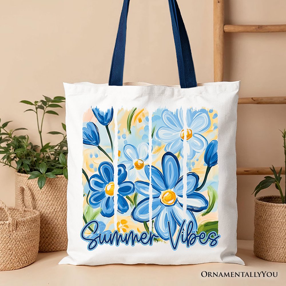 Summer Vibes Brushstroke Flowers Tote Bag, Aesthetic Gift Shopper Tote Bag OrnamentallyYou Navy Handle 