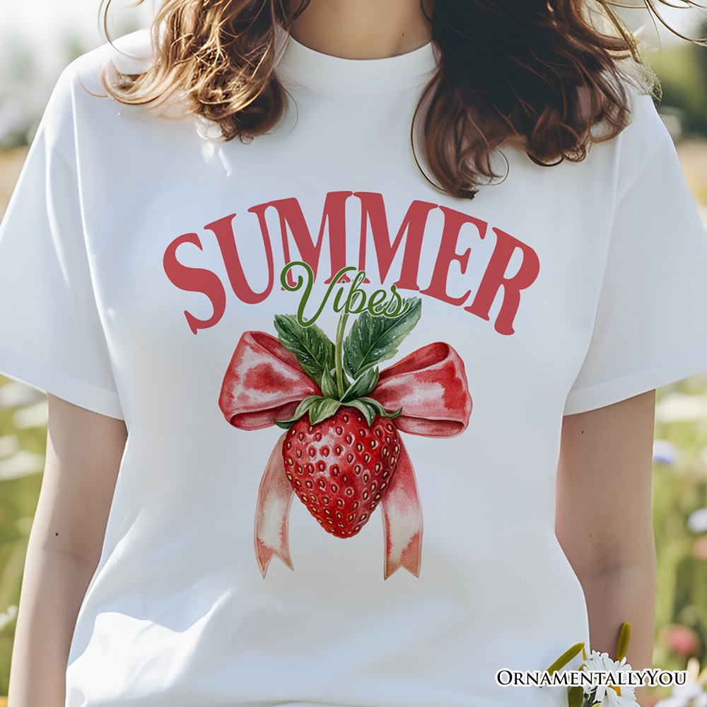 Summer Vibes Strawberry T-Shirt, White, Natural and Navy Seasonal Tee with Coquette Style T-Shirts OrnamentallyYou 