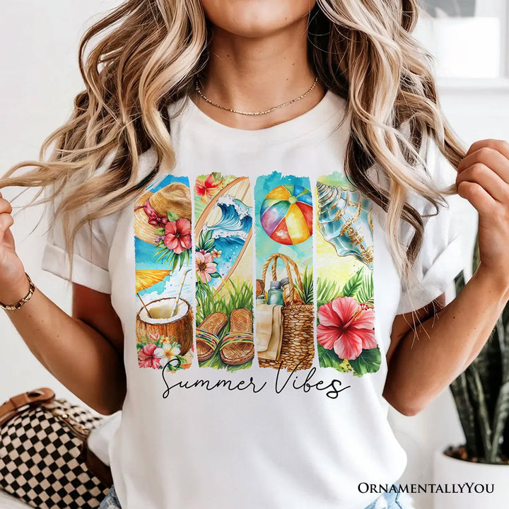 Summer Vibes T-Shirt, White and Natural Beach Tee with Coconut and Flowers T-Shirts OrnamentallyYou 