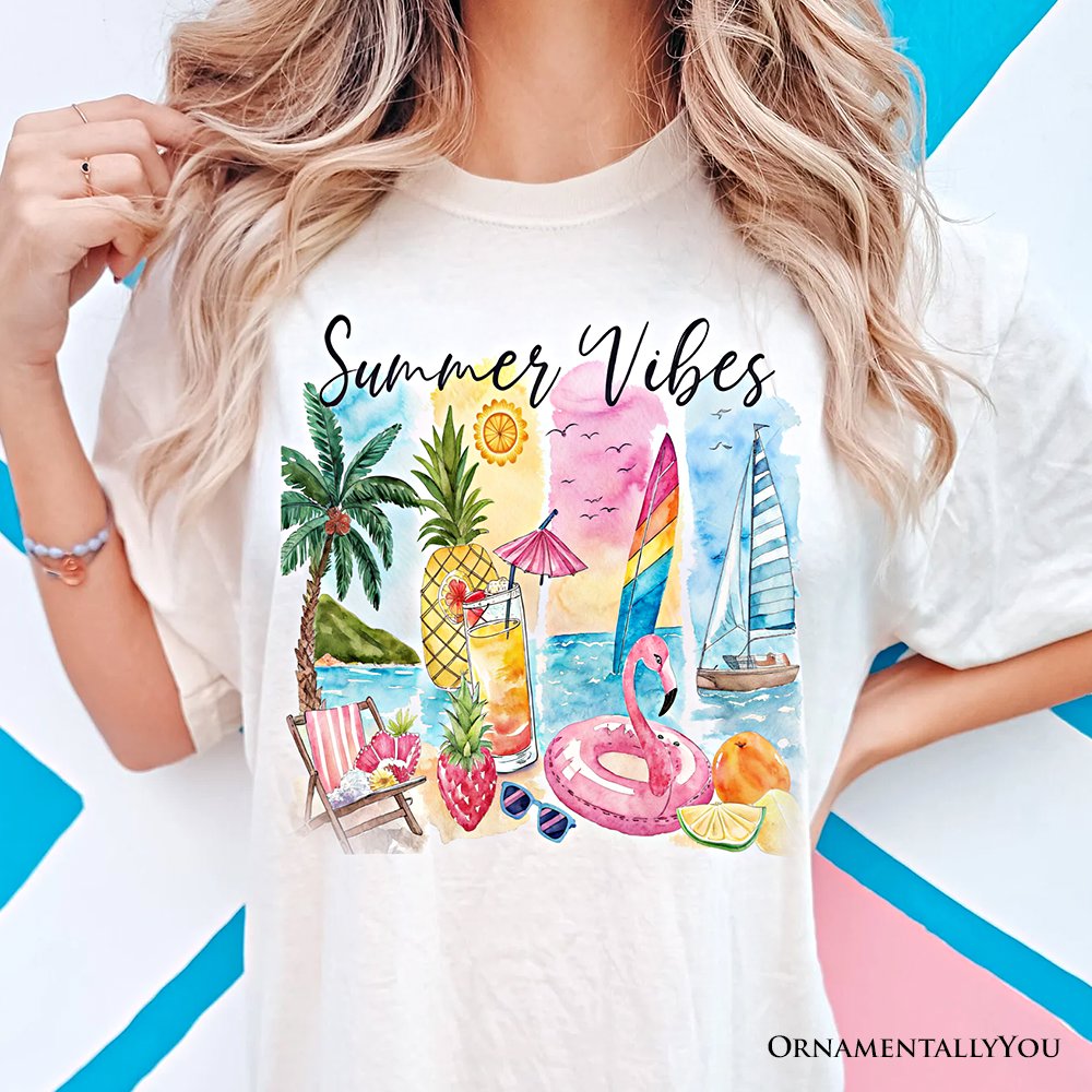 Summer Vibes T-Shirt, White and Natural Vacation Beach Tee T-Shirts OrnamentallyYou 