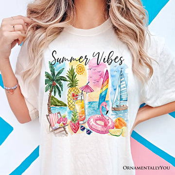 Summer Vibes T-Shirt, White and Natural Vacation Beach Tee T-Shirts OrnamentallyYou 