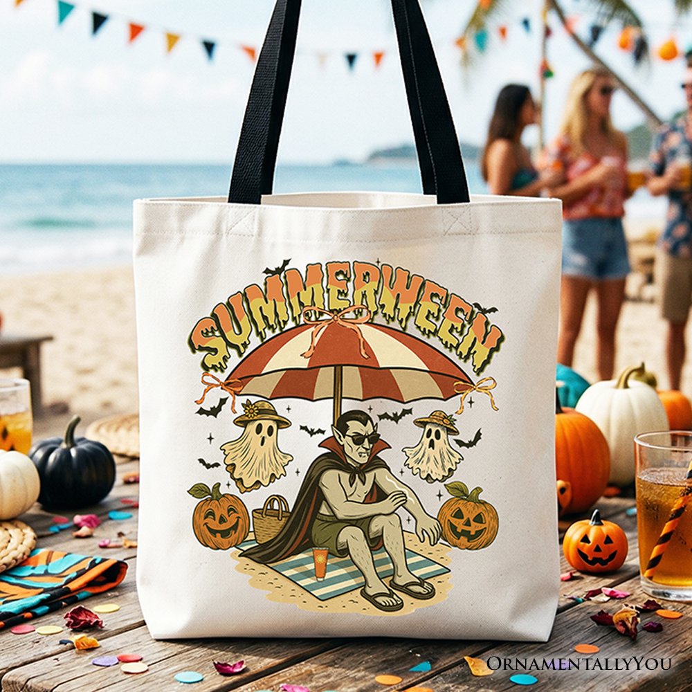 Summerween Vampire Dracula Tote Bag, Retro Halloween Beach Gift Shopper for Horror Spooky Summer Season Tote Bag OrnamentallyYou Black Handle 