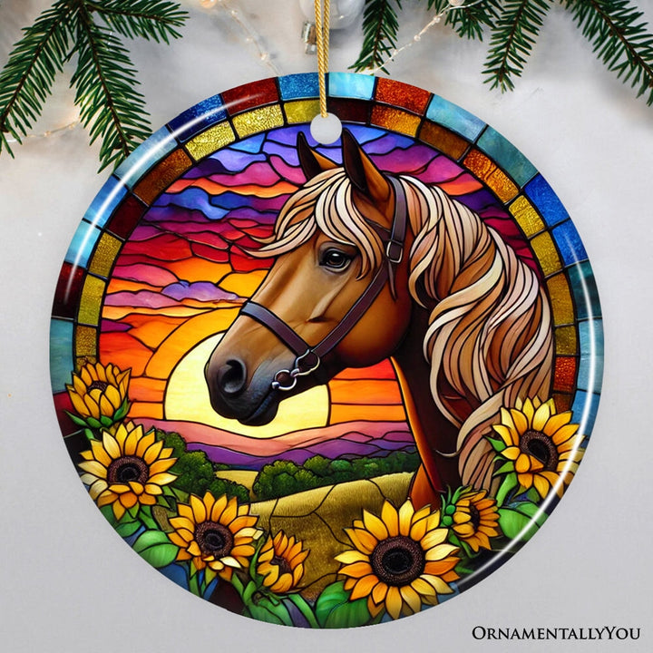 Sunset Horse and Sunflowers Ornament, Breathtaking Gift for Horse Lovers Ceramic Ornament OrnamentallyYou Circle 