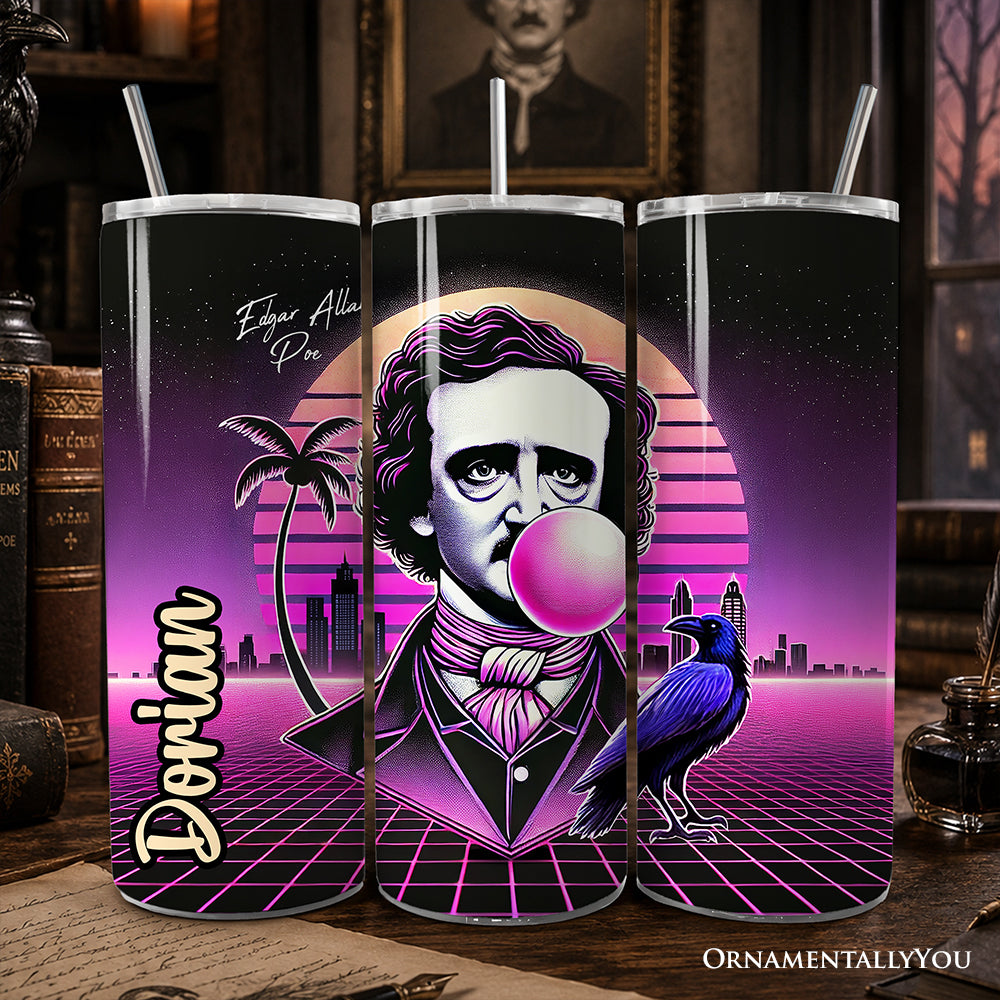 Synthwave 80's Styled Edgar Allan Poe Horror 20oz Personalized Tumbler With Lid and Stainless Steel Straw, Vaporwave Classic Retro Neon Halloween Gift Cup