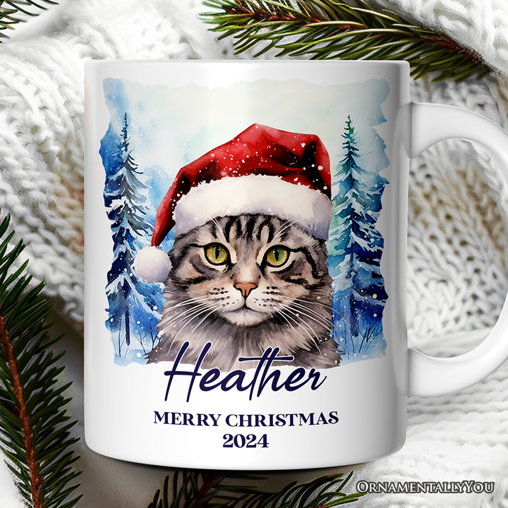 Tabby Cat with Santa Hat Personalized Mug, Winter Forest Christmas Gift With Custom Name and Date