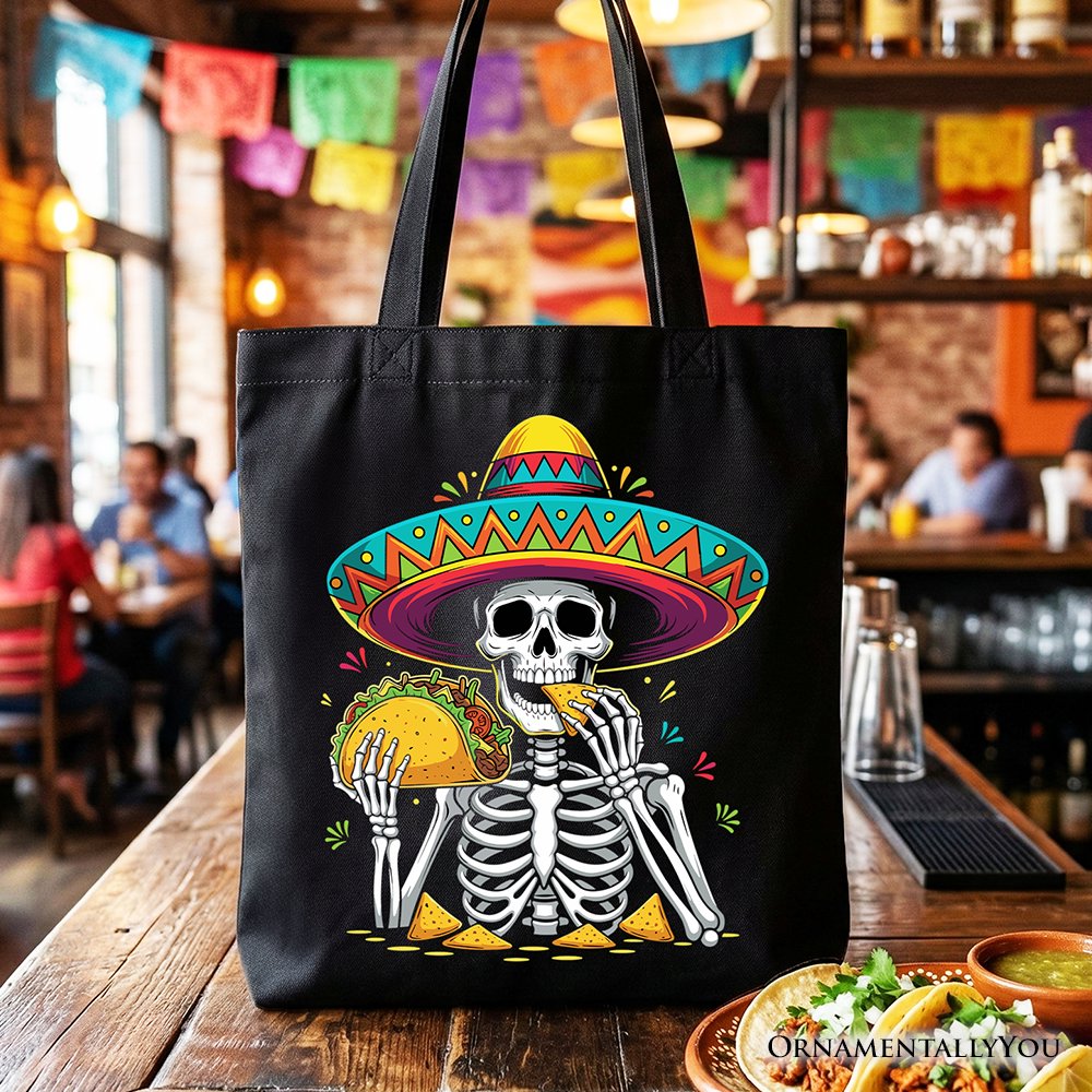 Taco Skeleton Cinco De Mayo Tote Bag, Funny Mexican Skull Sombrero Gift Shopper Tote Bag OrnamentallyYou Black 