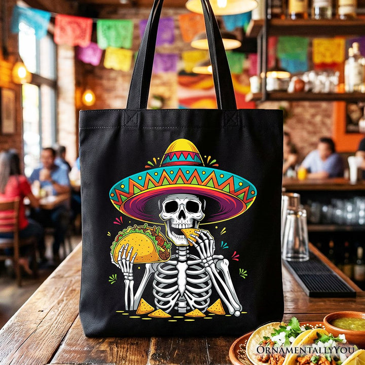 Taco Skeleton Cinco De Mayo Tote Bag, Funny Mexican Skull Sombrero Gift Shopper Tote Bag OrnamentallyYou Black 
