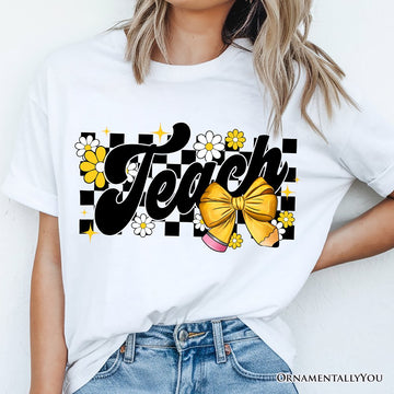 Teach Checkered Coquette Bow T-Shirt, White and Natural Retro Tee for Trendy Teachers T-Shirts OrnamentallyYou 