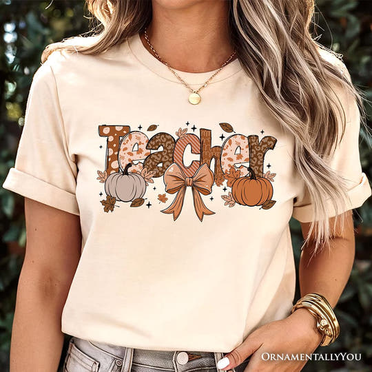 Teacher Coquette Autumn T-Shirt, Cozy Fall Pumpkin Tee for Educators T-Shirts OrnamentallyYou 