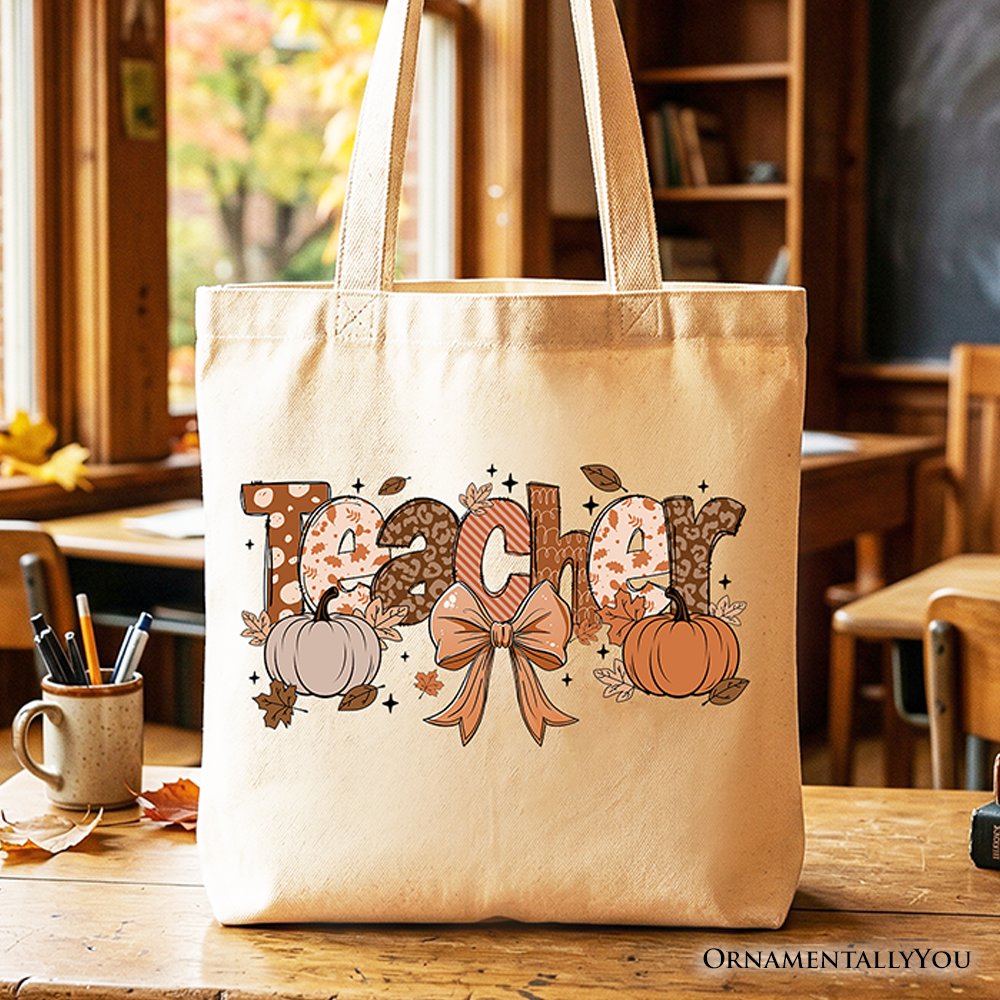 Teacher Coquette Autumn Tote Bag, Cozy Fall Pumpkin Gift Shopper for Educators Tote Bag OrnamentallyYou Beige 