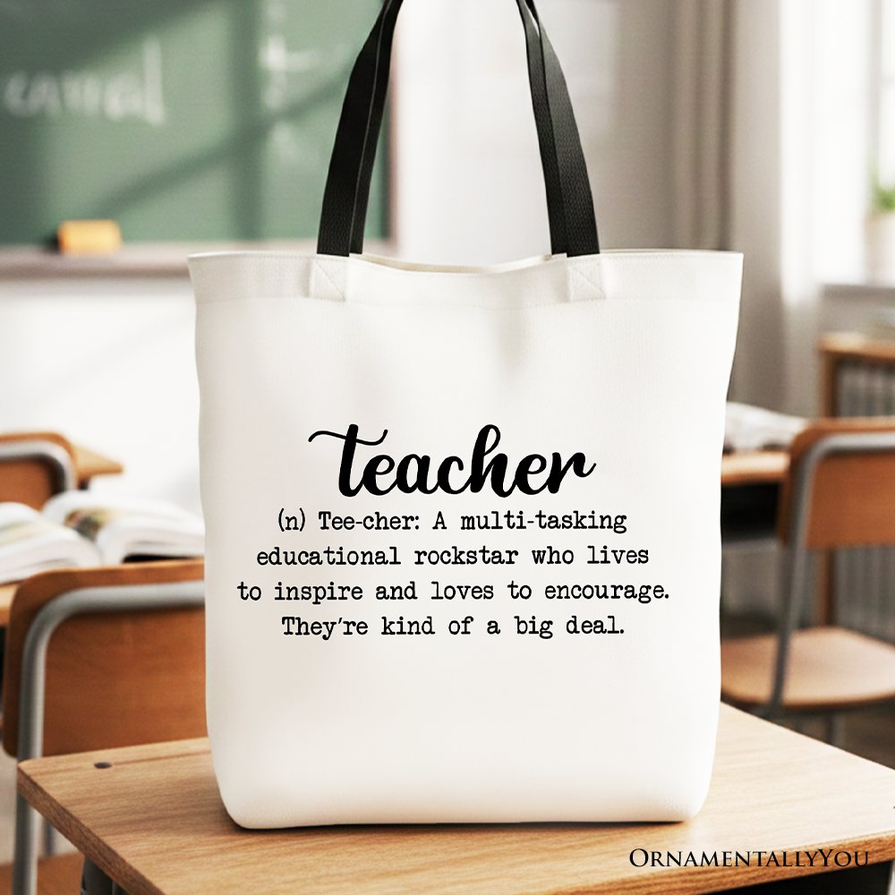 Teacher Definition Canvas Tote Bag, Inspirational Quote Gift Shopper for Educators Tote Bag OrnamentallyYou Black Handle 