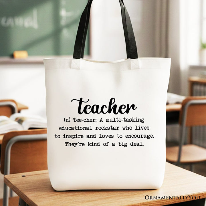 Teacher Definition Canvas Tote Bag, Inspirational Quote Gift Shopper for Educators Tote Bag OrnamentallyYou Black Handle 