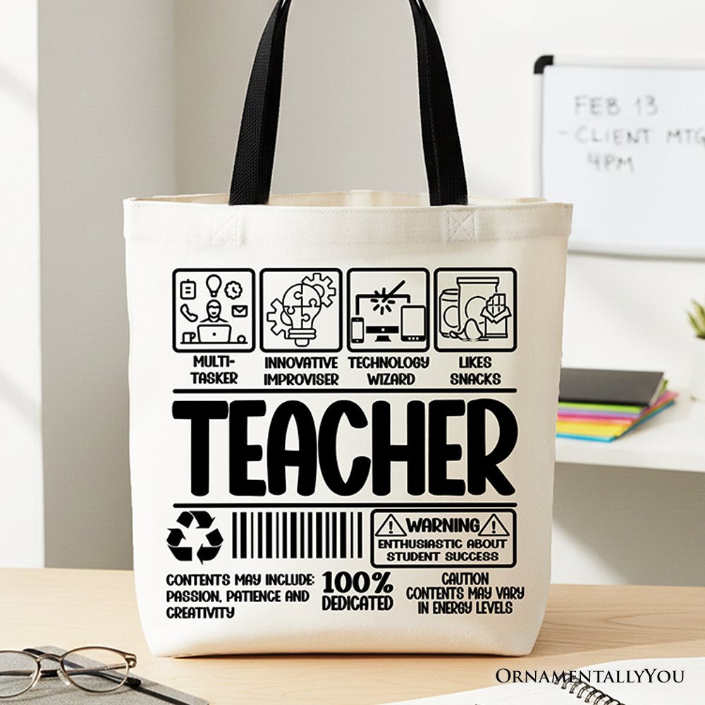 Teacher Label Tote Bag, Funny Barcode Gift Shopper for Dedicated Educators Tote Bag OrnamentallyYou Black Handle 