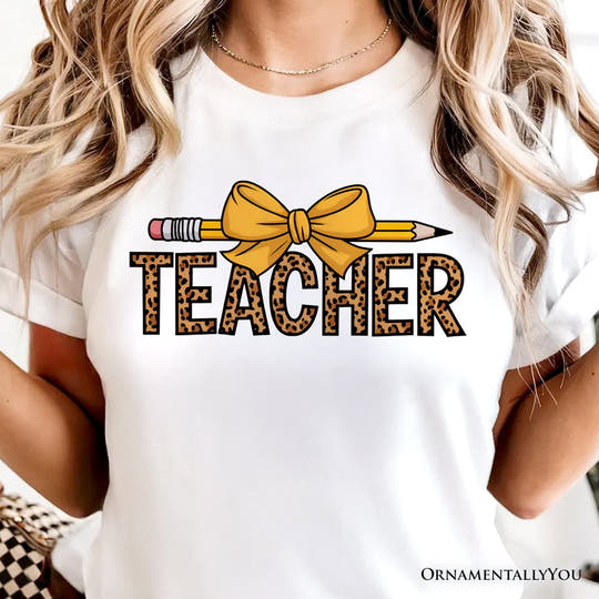 Teacher Leopard Pencil T-Shirt, Coquette Bow Retro Classroom Tee for Educators T-Shirts OrnamentallyYou 