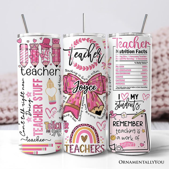Teacher Life Pink 3D Inflated 20oz Personalized Tumbler With Lid and Stainless Steel Straw, Educator Appreciation Gift Cup