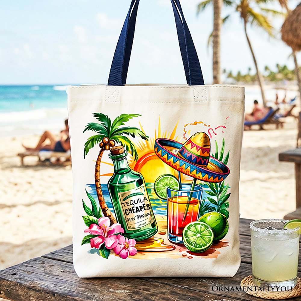 Tequila Cheaper Than Therapy Cinco De Mayo Tote Bag, Funny Beach Drink Gift Shopper Tote Bag OrnamentallyYou Navy Handle 
