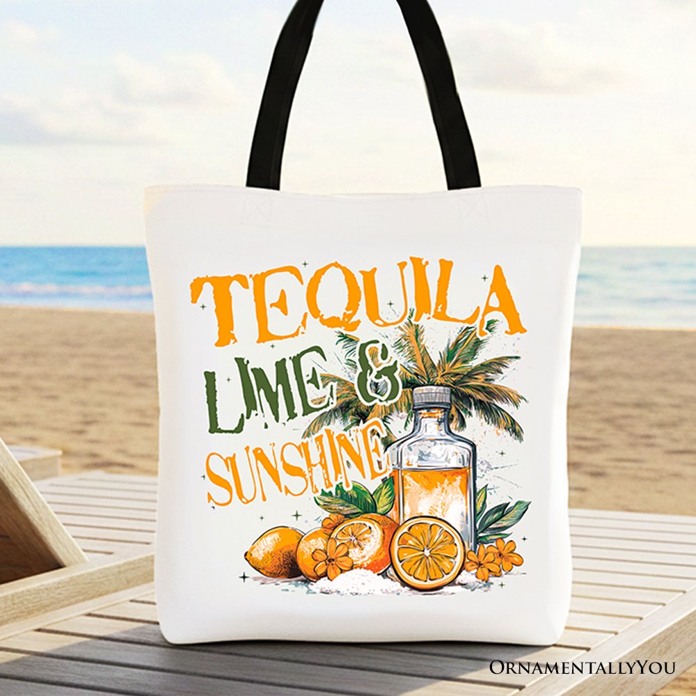 Tequila Lime & Sunshine Tote Bag, Trendy Summer Drinking Gift Shopper Tote Bag OrnamentallyYou Black Handle 
