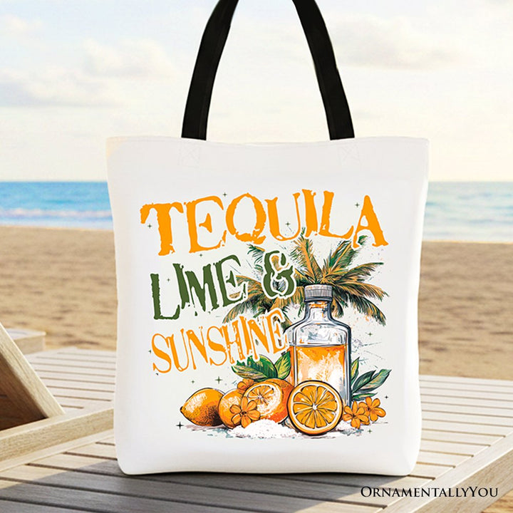 Tequila Lime & Sunshine Tote Bag, Trendy Summer Drinking Gift Shopper Tote Bag OrnamentallyYou Black Handle 