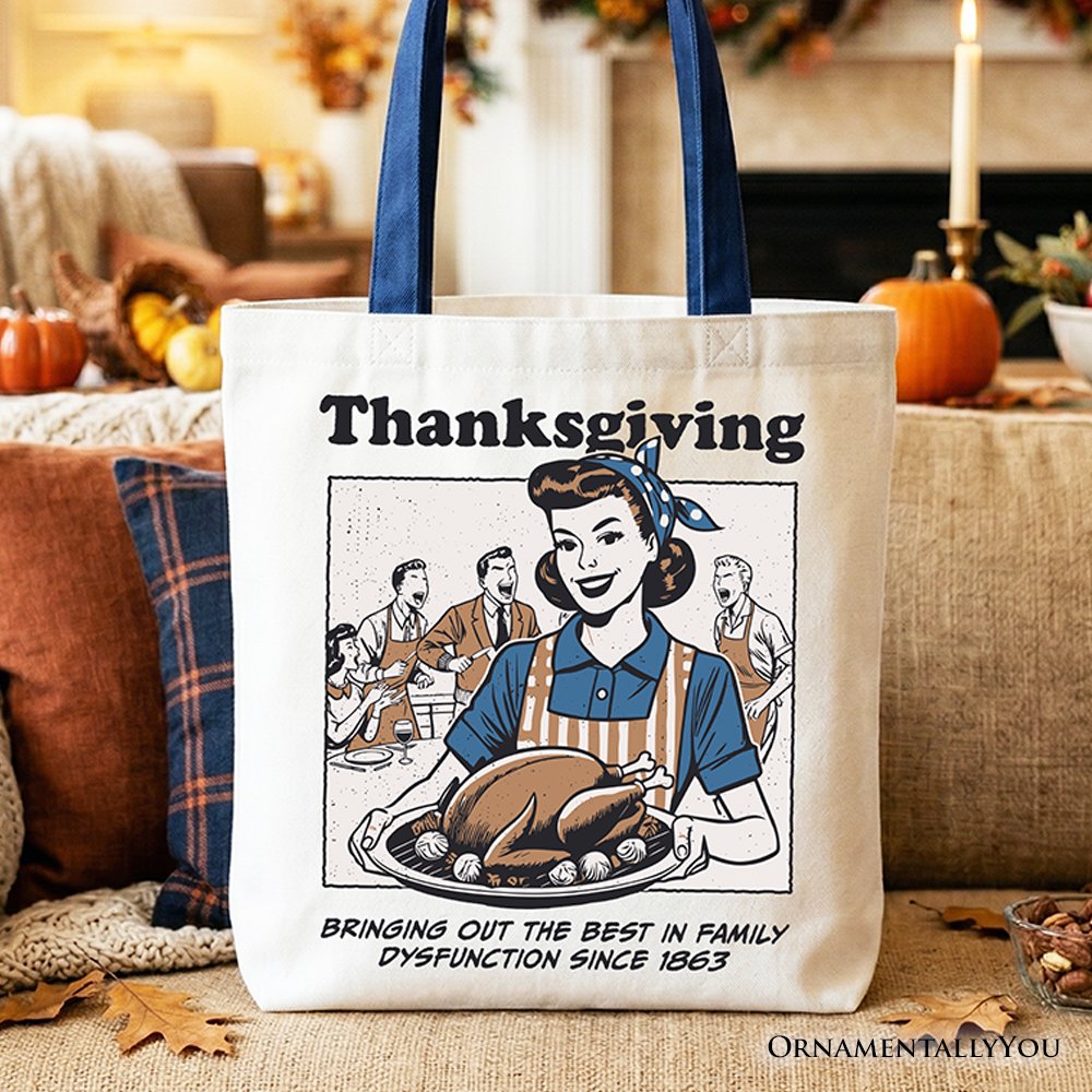 Thanksgiving Family Dysfunction Retro Tote Bag, Funny Holiday Humor Gift Shopper for Sarcastic Families Tote Bag OrnamentallyYou Navy Handle 